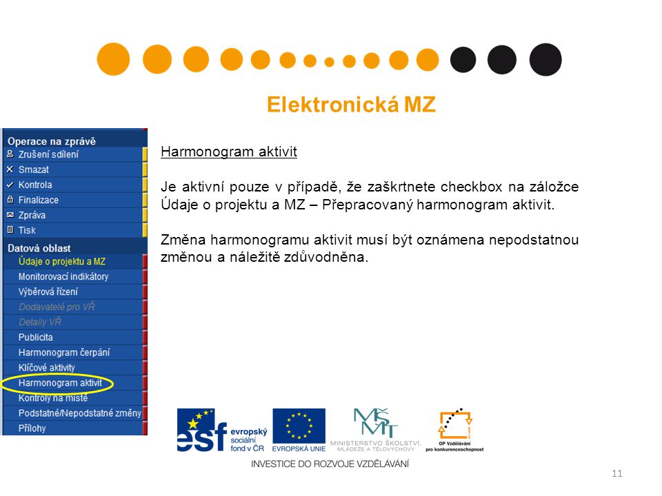 11 Elektronická MZ Harmonogram aktivit Je aktivní pouze v případě, že zaškrtnete checkbox na záložce Údaje o projektu a MZ – Přepracovaný harmonogram aktivit.