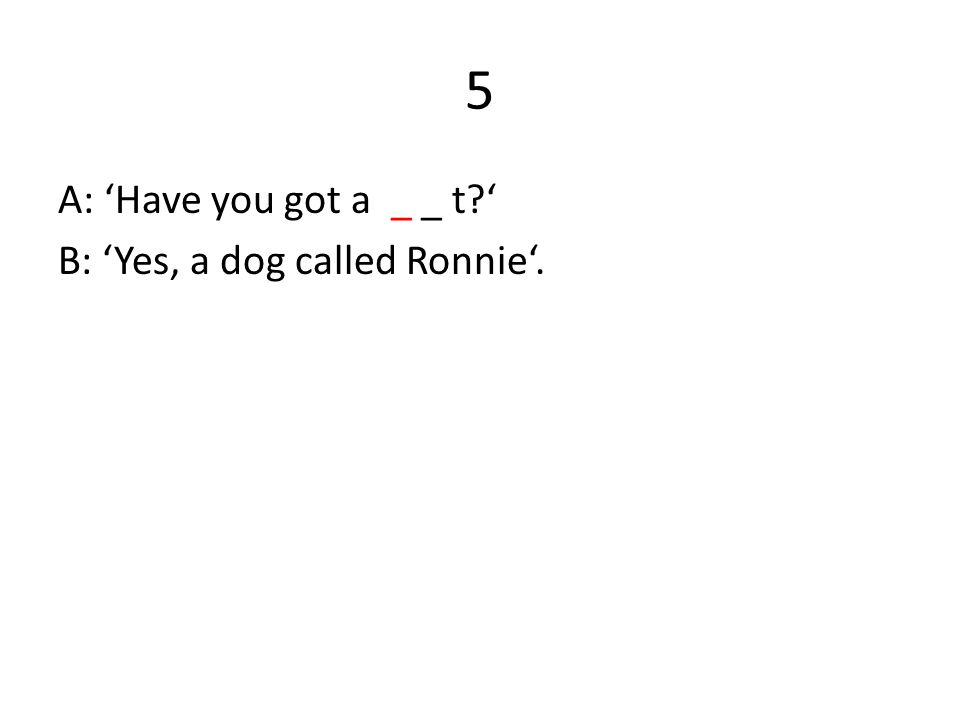 5 A: ‘Have you got a _ _ t ‘ B: ‘Yes, a dog called Ronnie‘.