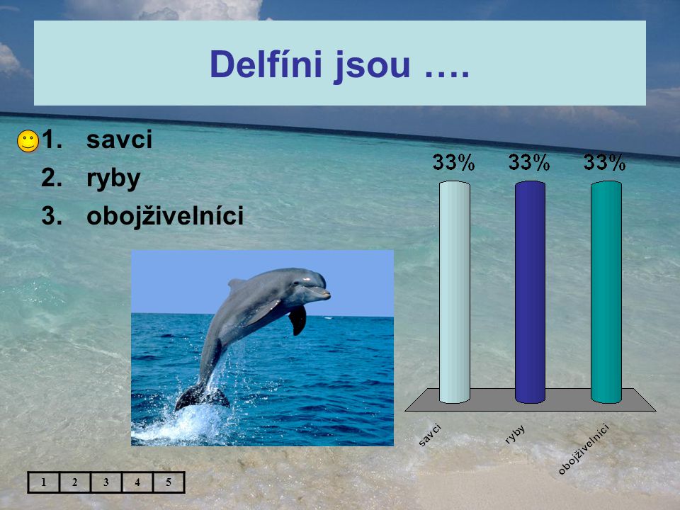Delfíni jsou …. 1.savci 2.ryby 3.obojživelníci 12345