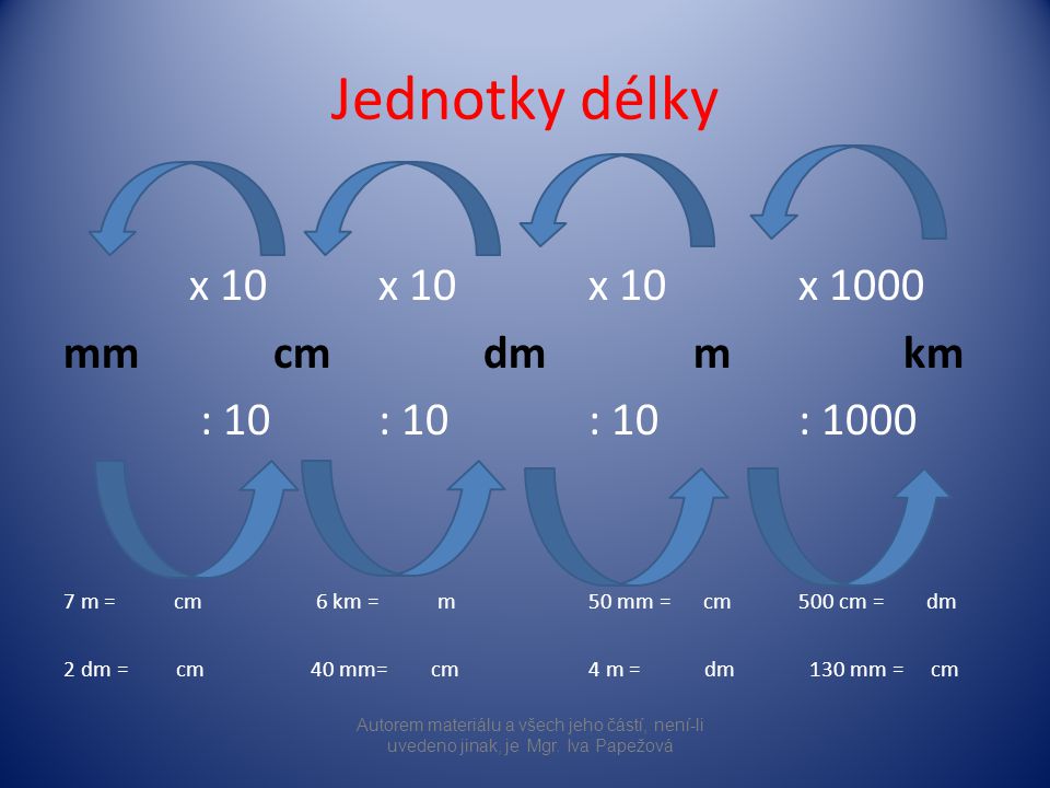 Jednotky délky x 10x 10x 10x 1000 mmcmdm m km : 10: 10: 10 : m = cm 6 km = m50 mm = cm500 cm = dm 2 dm = cm 40 mm= cm4 m = dm 130 mm = cm Autorem materiálu a všech jeho částí, není-li uvedeno jinak, je Mgr.
