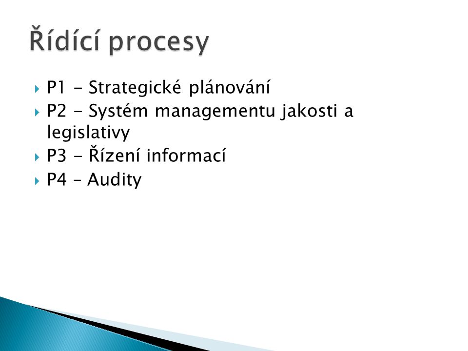  P1 - Strategické plánování  P2 - Systém managementu jakosti a legislativy  P3 - Řízení informací  P4 – Audity