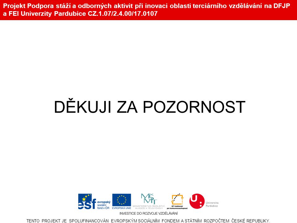 Projekt Podpora stáží a odborných aktivit při inovaci oblasti terciárního vzdělávání na DFJP a FEI Univerzity Pardubice CZ.1.07/2.4.00/ DĚKUJI ZA POZORNOST TENTO PROJEKT JE SPOLUFINANCOVÁN EVROPSKÝM SOCIÁLNÍM FONDEM A STÁTNÍM ROZPOČTEM ČESKÉ REPUBLIKY.