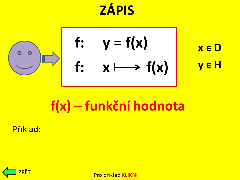 ZÁPIS f: y = f(x) f: x f(x) f(x) – funkční hodnota Příklad: f: y = f(5) y = 2x+1 x=5; y=11 f: -3 f(-3) y = x x=-3; y=3 x c D y c H Pro příklad KLIKNI ZPĚT