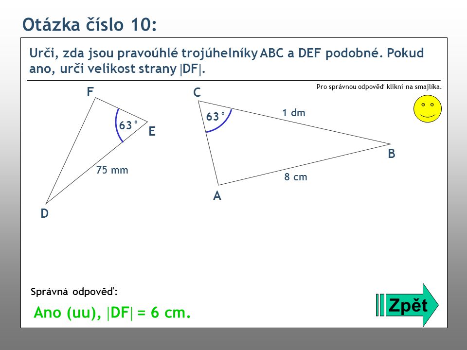 Otázka číslo 10: Urči, zda jsou pravoúhlé trojúhelníky ABC a DEF podobné.