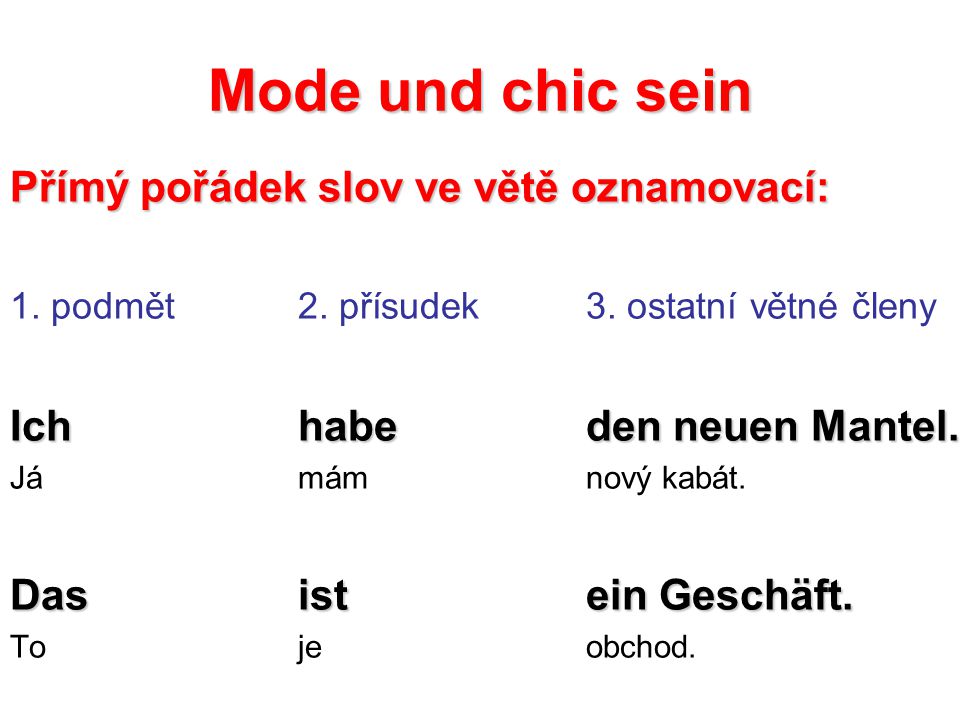 Mode und chic sein Přímý pořádek slov ve větě oznamovací: 1.