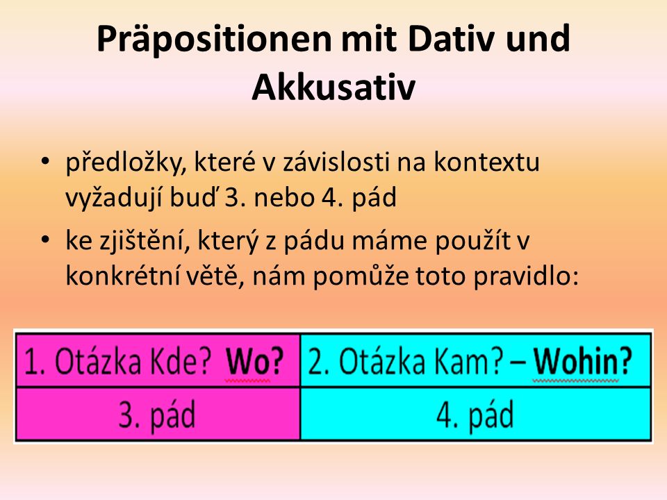 Präpositionen mit Dativ und Akkusativ předložky, které v závislosti na kontextu vyžadují buď 3.