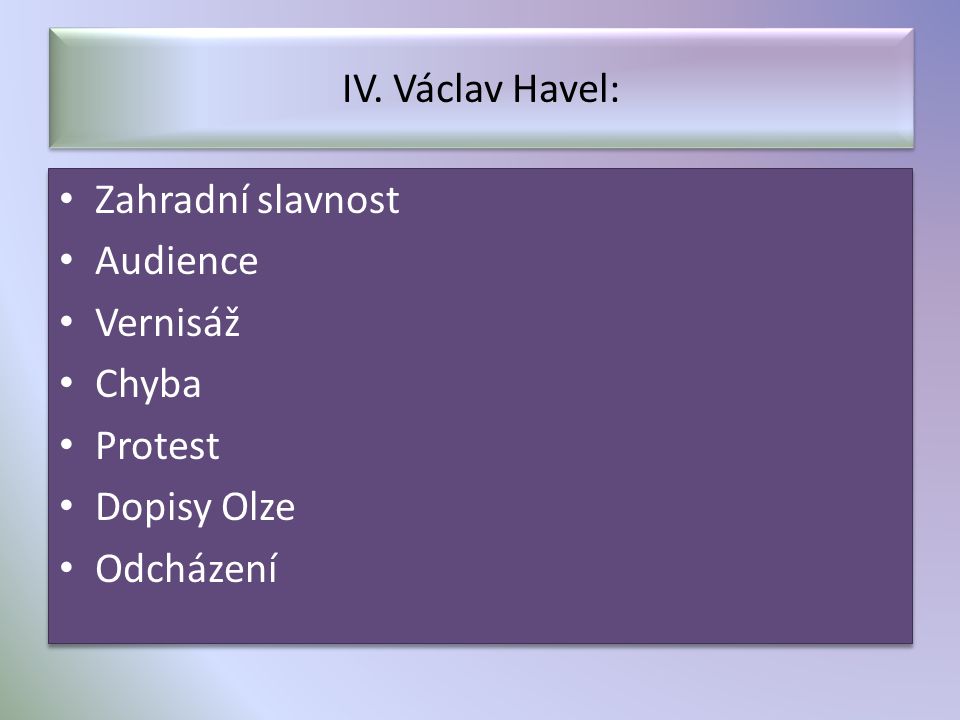 IV. Václav Havel: Zahradní slavnost Audience Vernisáž Chyba Protest Dopisy Olze Odcházení