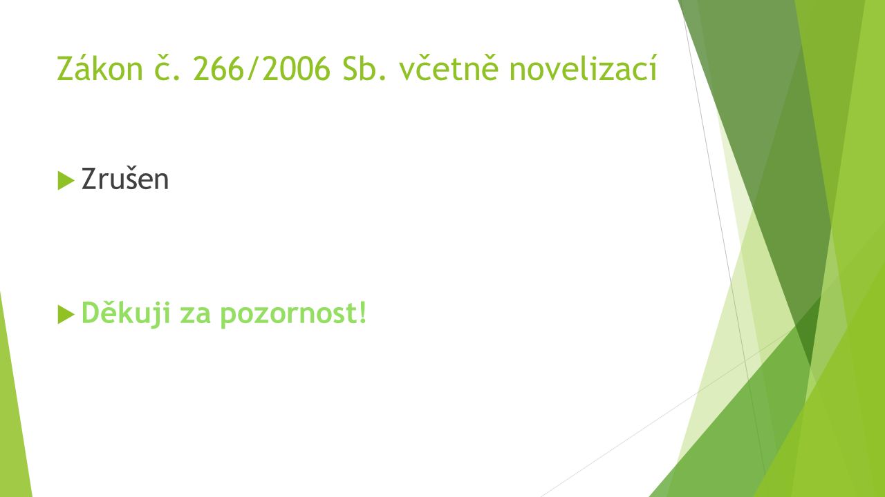 Zákon č. 266/2006 Sb. včetně novelizací  Zrušen  Děkuji za pozornost!