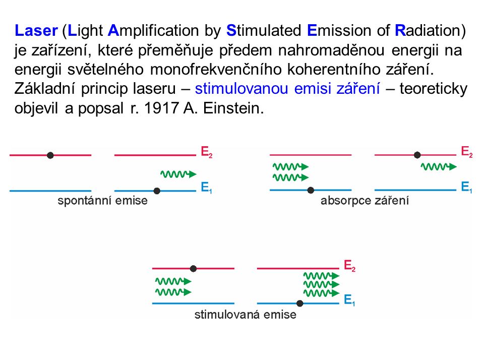 Laser (Light Amplification by Stimulated Emission of Radiation) je zařízení, které přeměňuje předem nahromaděnou energii na energii světelného monofrekvenčního koherentního záření.