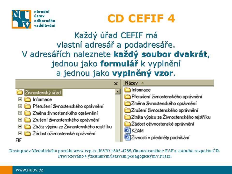 CD CEFIF 4 Každý úřad CEFIF má vlastní adresář a podadresáře.
