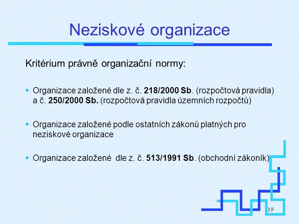 19 Neziskové organizace Kritérium právně organizační normy:  Organizace založené dle z.