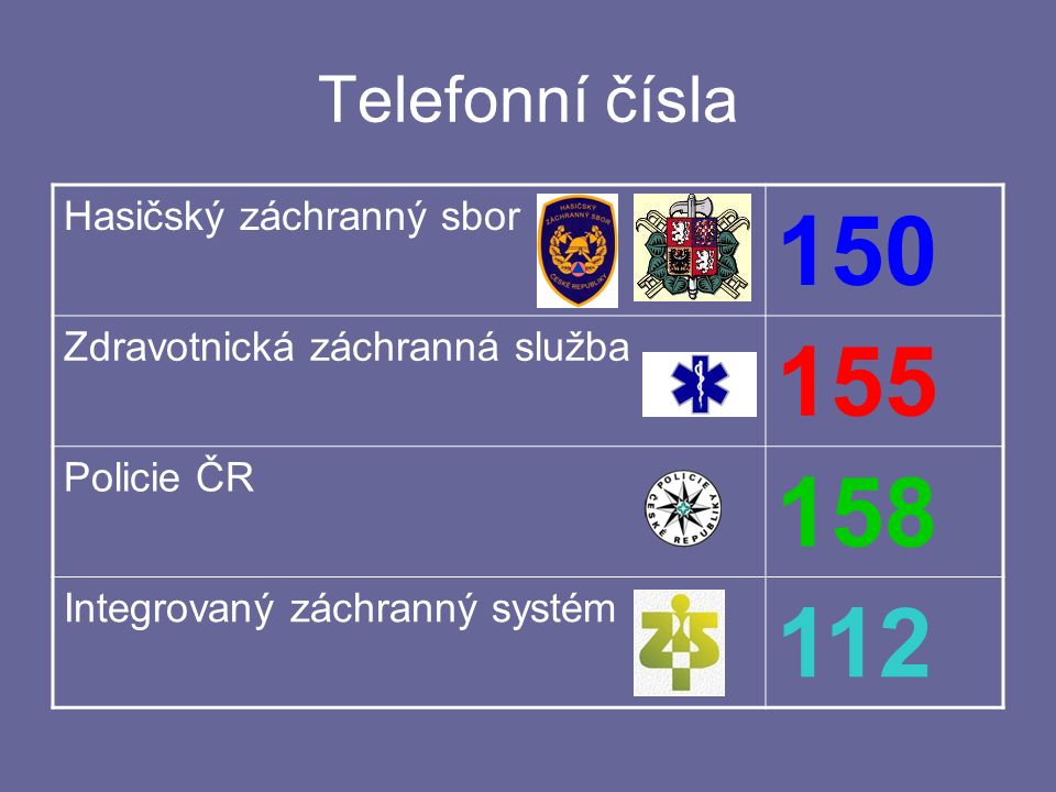 Telefonní čísla Hasičský záchranný sbor 150 Zdravotnická záchranná služba 155 Policie ČR 158 Integrovaný záchranný systém 112