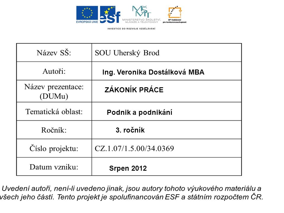 Ing. Veronika Dostálková MBA ZÁKONÍK PRÁCE Podnik a podnikání 3. ročník Srpen 2012