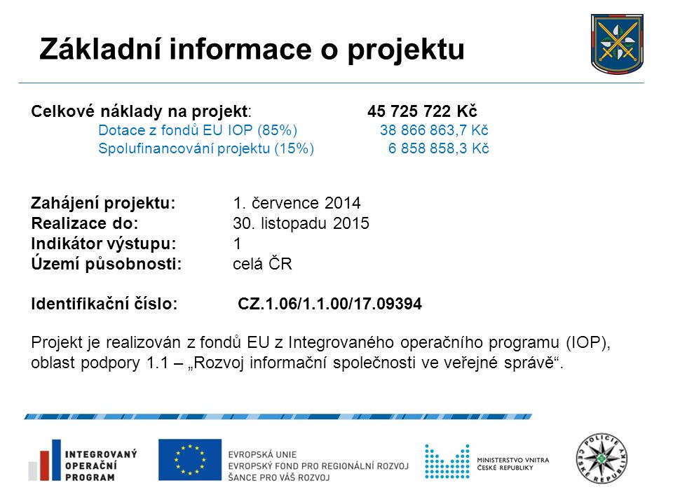 Základní informace o projektu Celkové náklady na projekt: Kč Dotace z fondů EU IOP (85%) ,7 Kč Spolufinancování projektu (15%) ,3 Kč Zahájení projektu:1.