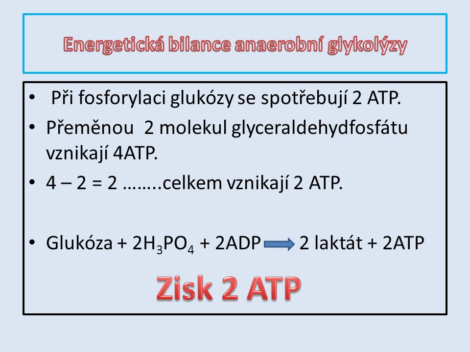 Při fosforylaci glukózy se spotřebují 2 ATP. Přeměnou 2 molekul glyceraldehydfosfátu vznikají 4ATP.