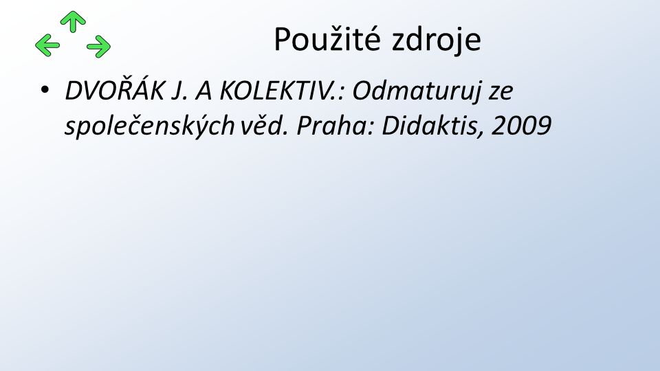 DVOŘÁK J. A KOLEKTIV.: Odmaturuj ze společenských věd. Praha: Didaktis, 2009 Použité zdroje