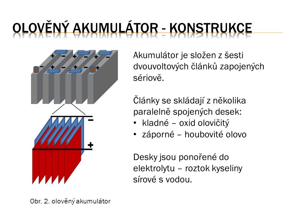 Obr. 2. olověný akumulátor Akumulátor je složen z šesti dvouvoltových článků zapojených sériově.