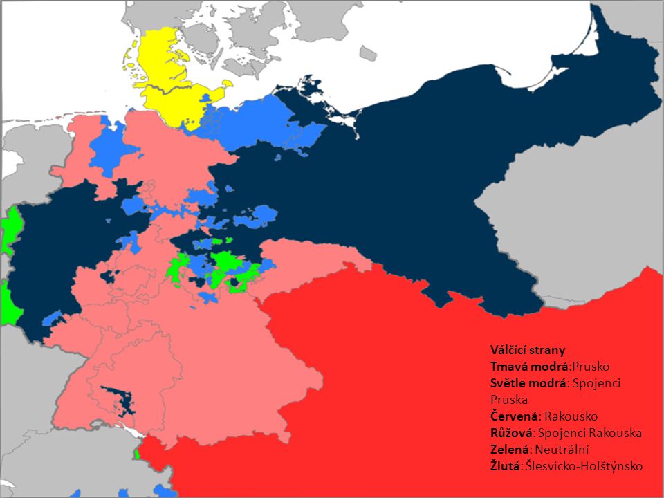 Válčící strany Tmavá modrá:Prusko Světle modrá: Spojenci Pruska Červená: Rakousko Růžová: Spojenci Rakouska Zelená: Neutrální Žlutá: Šlesvicko-Holštýnsko