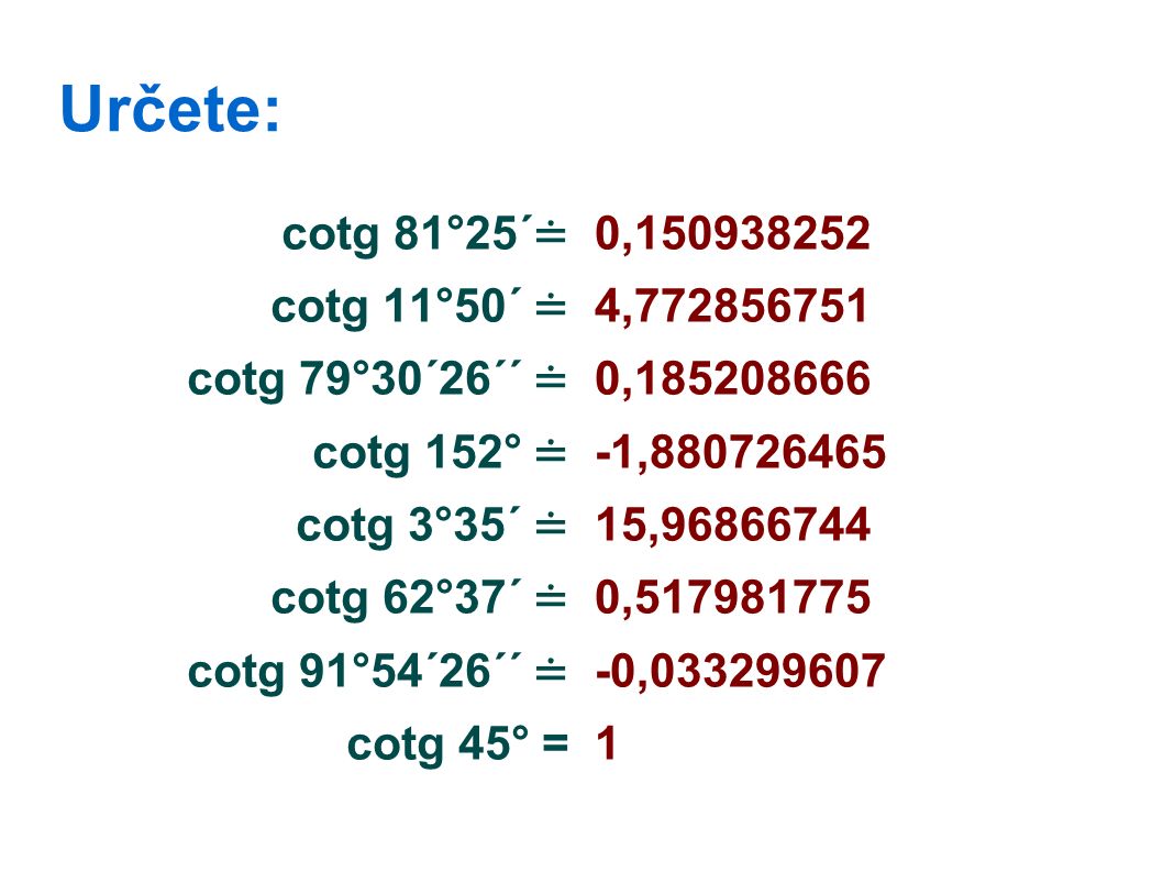 Určete: cotg 81°25´ ≐ cotg 11°50´ ≐ cotg 79°30´26´´ ≐ cotg 152° ≐ cotg 3°35´ ≐ cotg 62°37´ ≐ cotg 91°54´26´´ ≐ cotg 45° = 0, , , , , , ,
