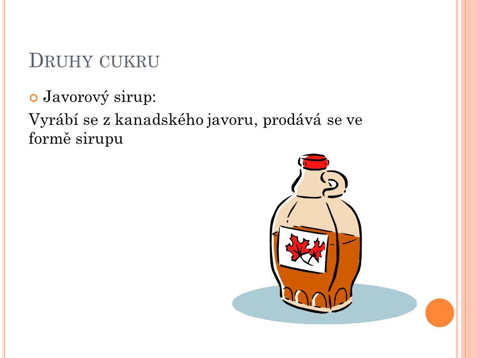 D RUHY CUKRU Javorový sirup: Vyrábí se z kanadského javoru, prodává se ve formě sirupu