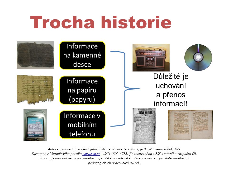 Trocha historie Informace na kamenné desce Informace na papíru (papyru) Informace v mobilním telefonu Důležité je uchování a přenos informací.