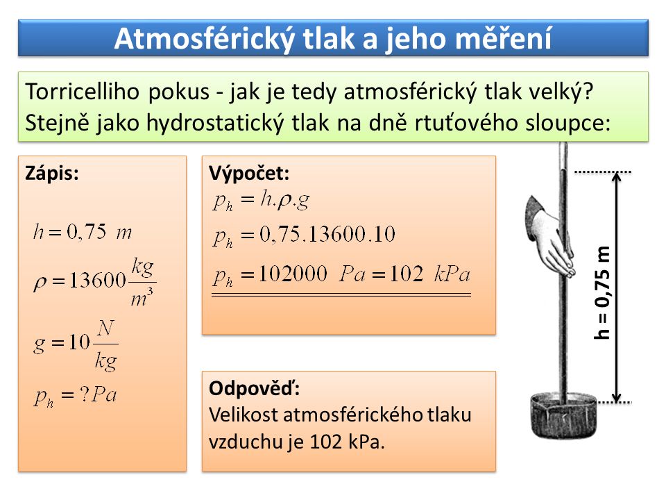 Atmosférický tlak a jeho měření Torricelliho pokus - jak je tedy atmosférický tlak velký.