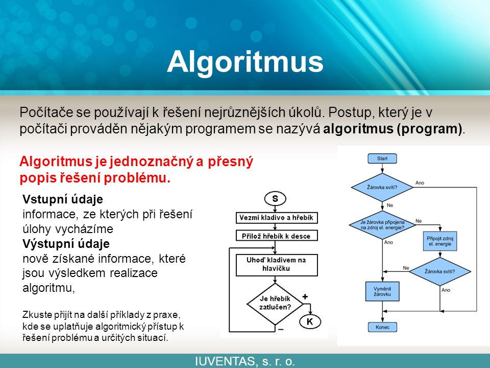 Algoritmus IUVENTAS, s. r. o. Počítače se používají k řešení nejrůznějších úkolů.