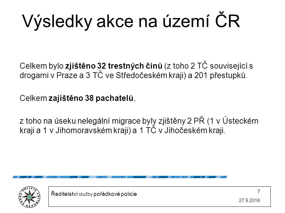 Výsledky akce na území ČR Celkem bylo zjištěno 32 trestných činů (z toho 2 TČ související s drogami v Praze a 3 TČ ve Středočeském kraji) a 201 přestupků.