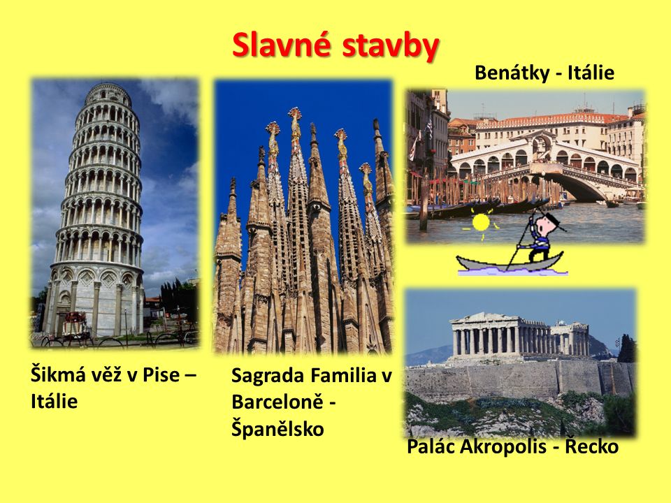 Slavné stavby Šikmá věž v Pise – Itálie Sagrada Familia v Barceloně - Španělsko Benátky - Itálie Palác Akropolis - Řecko