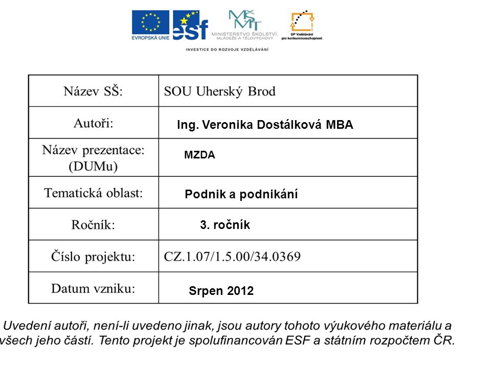 Ing. Veronika Dostálková MBA MZDA Podnik a podnikání 3. ročník Srpen 2012