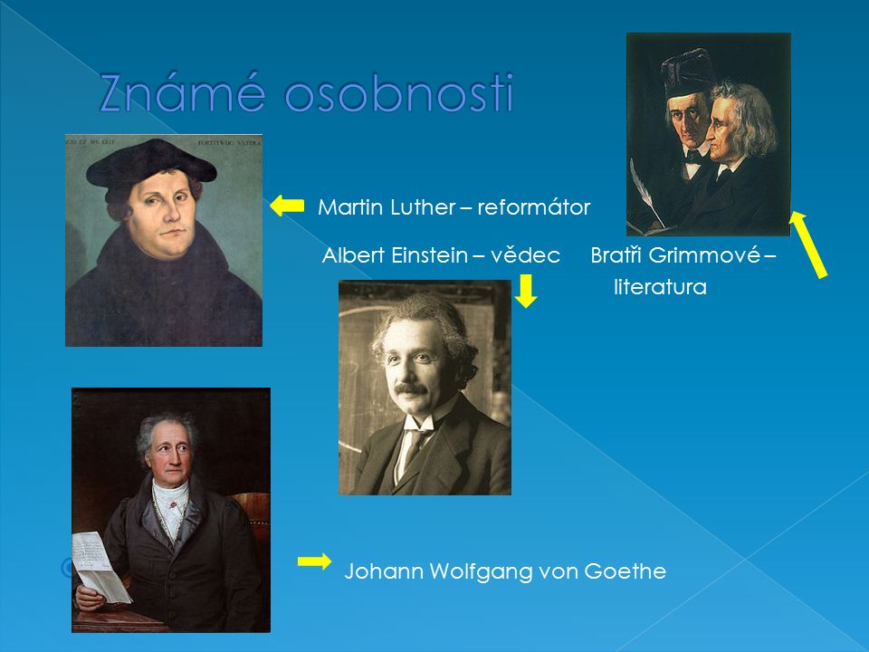 Martin Luther – reformátor Albert Einstein – vědec Bratři Grimmové – literatura  Johann Wolfgang von Goethe