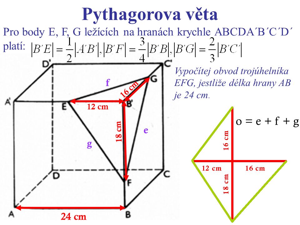 Pythagorova věta Pro body E, F, G ležících na hranách krychle ABCDA´B´C´D´ platí: 24 cm o = e + f + g e g f 12 cm 18 cm 16 cm Vypočítej obvod trojúhelníka EFG, jestliže délka hrany AB je 24 cm.