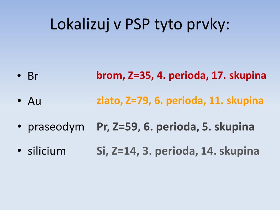 Lokalizuj v PSP tyto prvky: Br brom, Z=35, 4. perioda, 17.