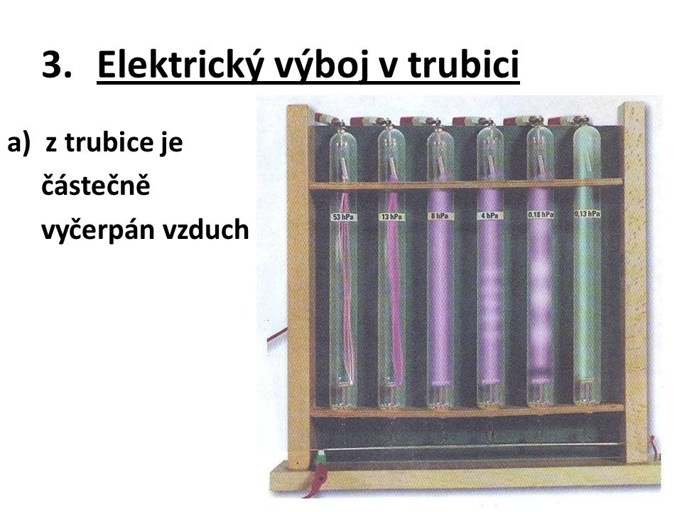 3.Elektrický výboj v trubici a)z trubice je částečně vyčerpán vzduch