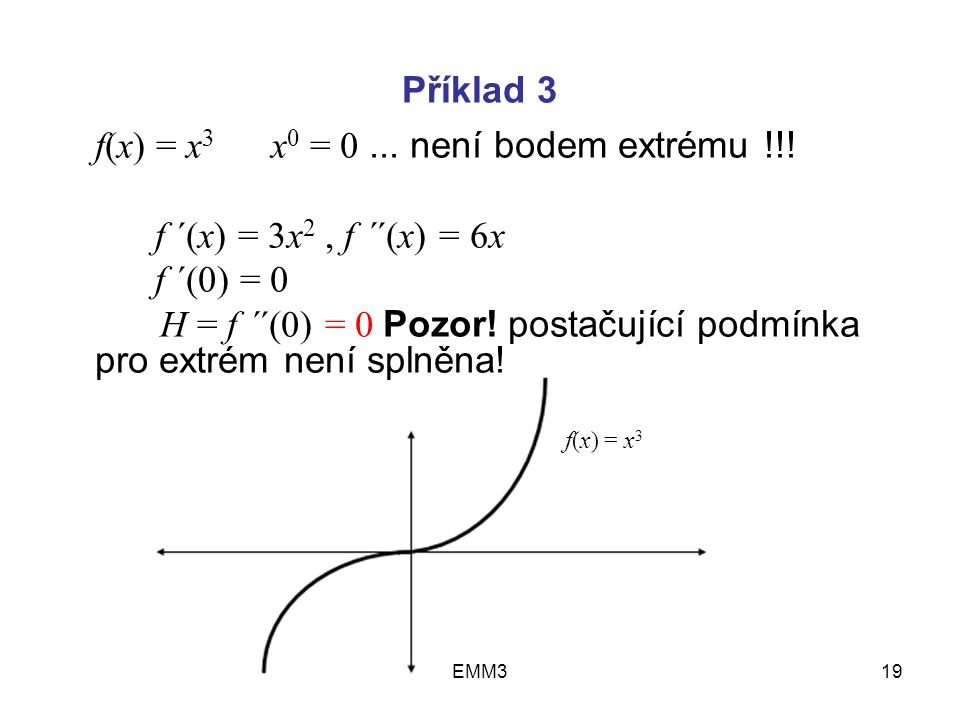 EMM319 Příklad 3 f(x) = x 3 x 0 = 0... není bodem extrému !!.