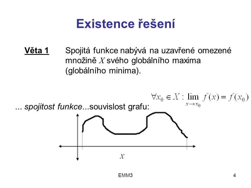 EMM34 Existence řešení Věta 1Spojitá funkce nabývá na uzavřené omezené množině X svého globálního maxima (globálního minima)....