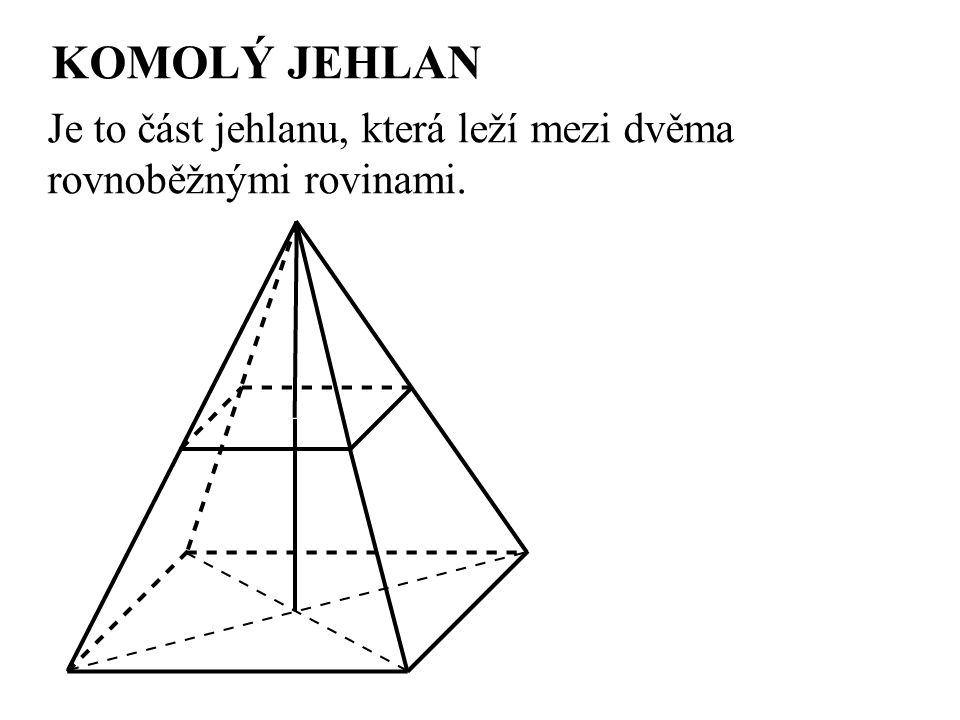 KOMOLÝ JEHLAN Je to část jehlanu, která leží mezi dvěma rovnoběžnými rovinami.