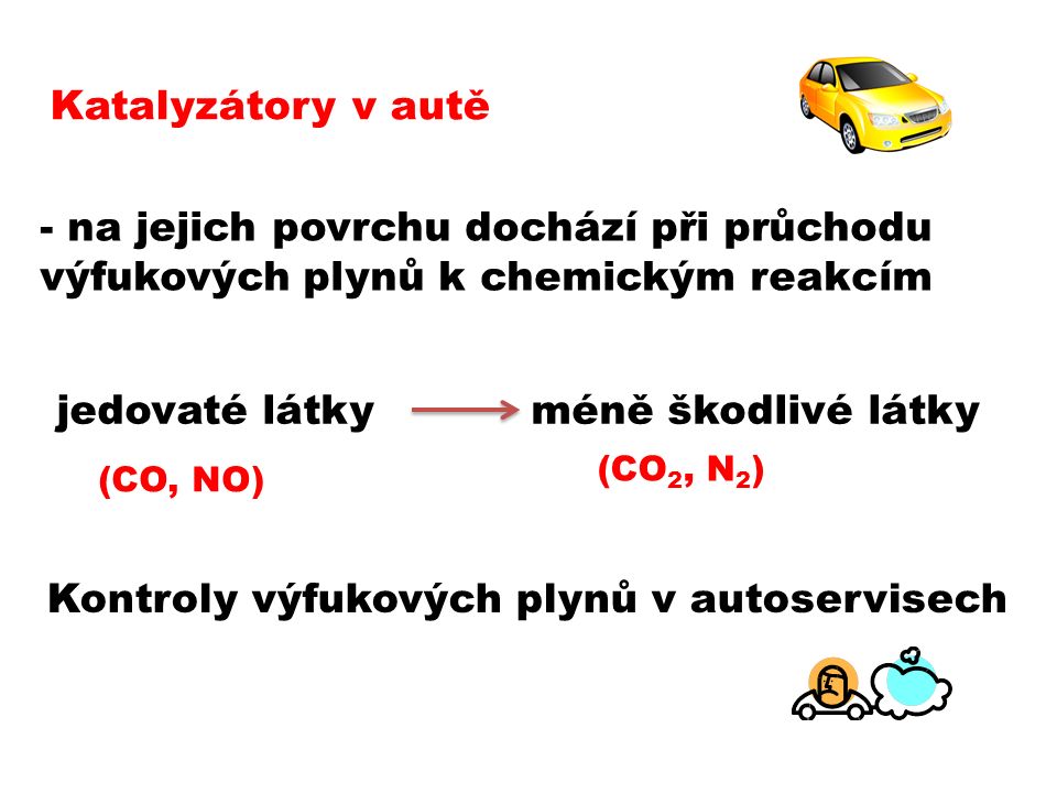 Katalyzátory v autě - na jejich povrchu dochází při průchodu výfukových plynů k chemickým reakcím jedovaté látky (CO, NO) méně škodlivé látky (CO 2, N 2 ) Kontroly výfukových plynů v autoservisech