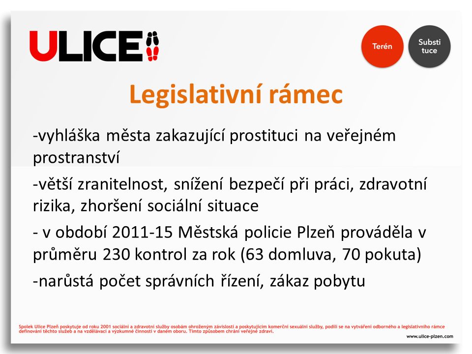Legislativní rámec -vyhláška města zakazující prostituci na veřejném prostranství -větší zranitelnost, snížení bezpečí při práci, zdravotní rizika, zhoršení sociální situace - v období Městská policie Plzeň prováděla v průměru 230 kontrol za rok (63 domluva, 70 pokuta) -narůstá počet správních řízení, zákaz pobytu