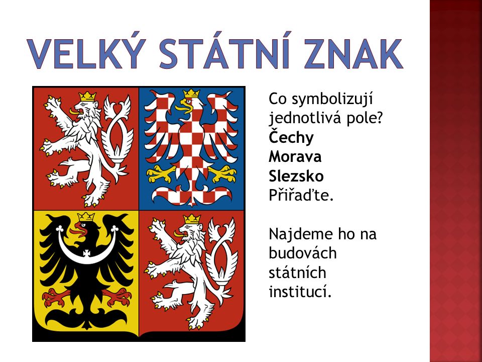 Co symbolizují jednotlivá pole. Čechy Morava Slezsko Přiřaďte.