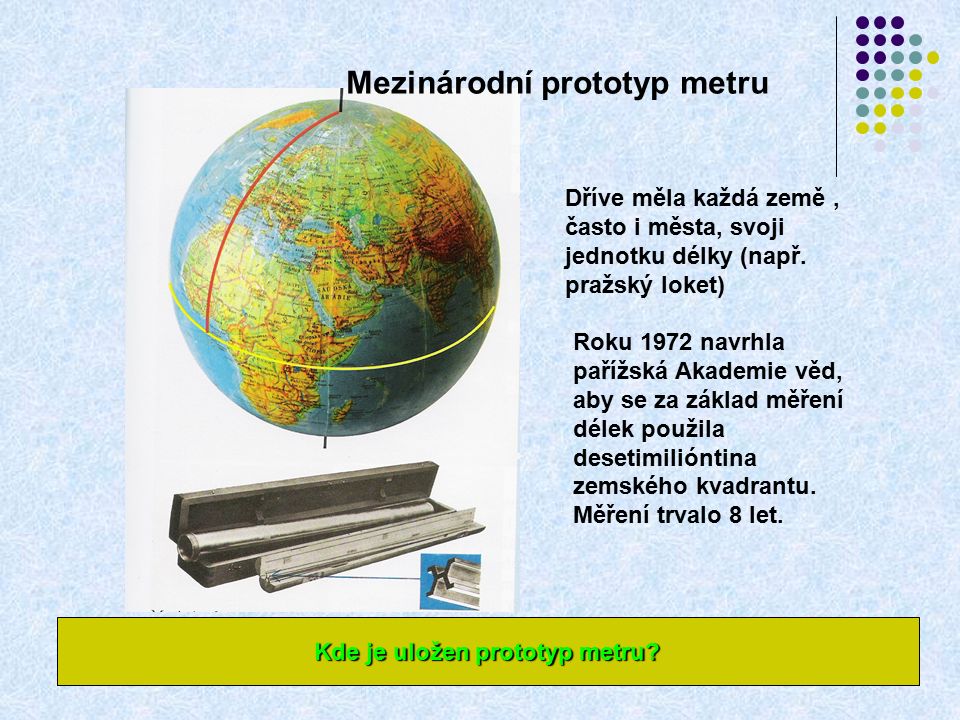 Mezinárodní prototyp metru Dříve měla každá země, často i města, svoji jednotku délky (např.