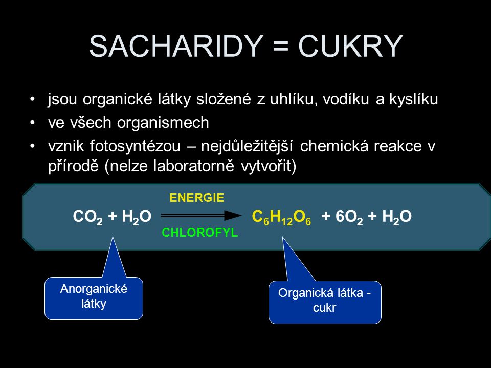 SACHARIDY = CUKRY jsou organické látky složené z uhlíku, vodíku a kyslíku ve všech organismech vznik fotosyntézou – nejdůležitější chemická reakce v přírodě (nelze laboratorně vytvořit) CO 2 + H 2 O C 6 H 12 O 6 + 6O 2 + H 2 O ENERGIE CHLOROFYL Anorganické látky Organická látka - cukr