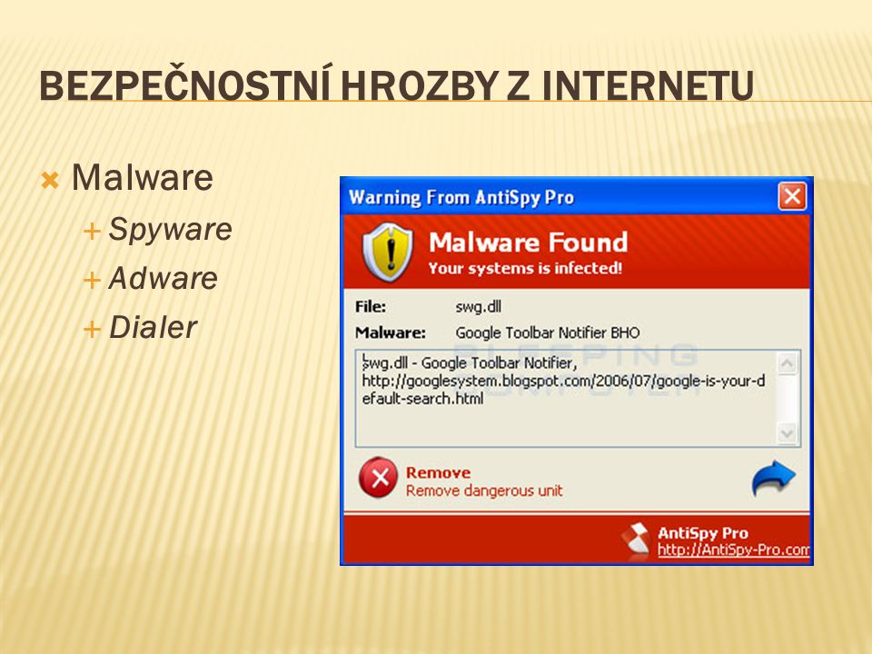 BEZPEČNOSTNÍ HROZBY Z INTERNETU  Malware  Spyware  Adware  Dialer