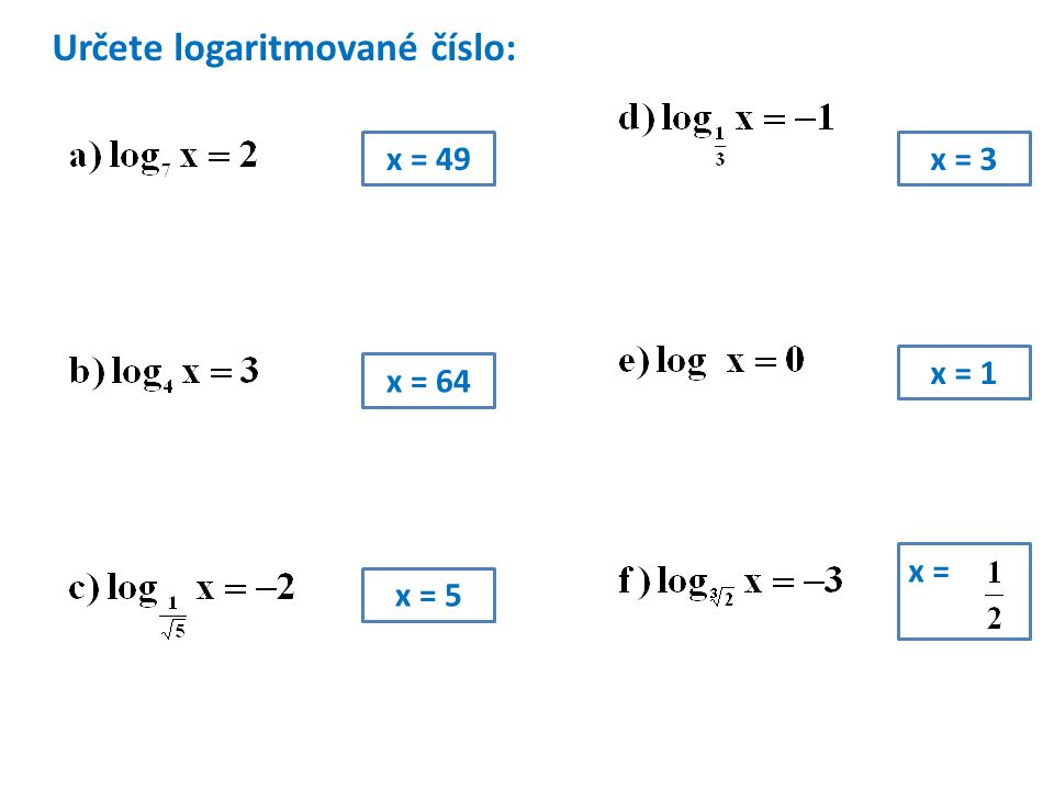 Určete logaritmované číslo: x = 49 x = 64 x = 5 x = 3 x = 1 x =