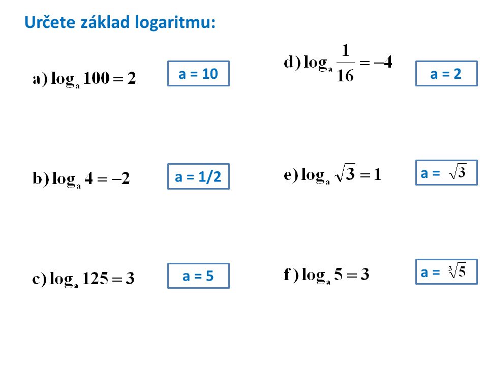 Určete základ logaritmu: a = 10 a = 1/2 a = 5 a = 2 a =