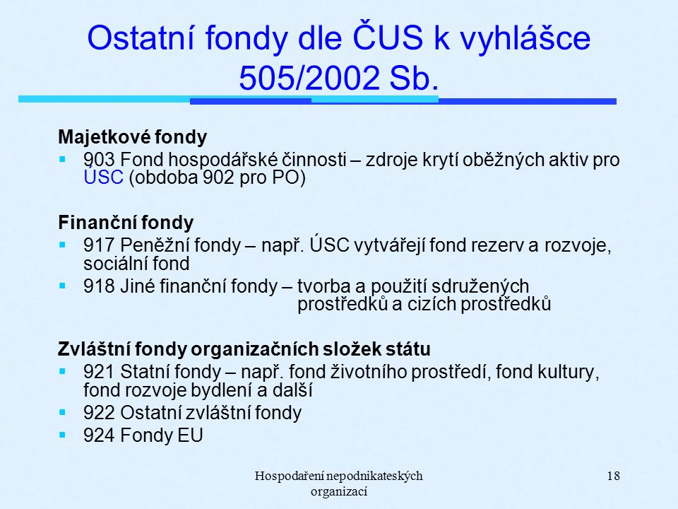 Hospodaření nepodnikateských organizací 18 Ostatní fondy dle ČUS k vyhlášce 505/2002 Sb.