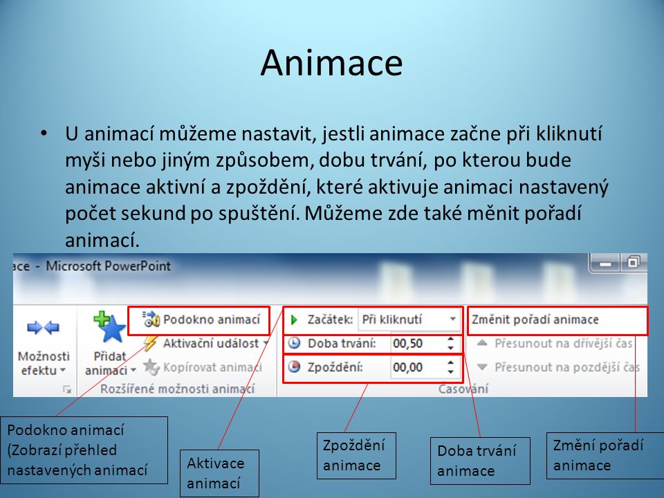Animace U animací můžeme nastavit, jestli animace začne při kliknutí myši nebo jiným způsobem, dobu trvání, po kterou bude animace aktivní a zpoždění, které aktivuje animaci nastavený počet sekund po spuštění.