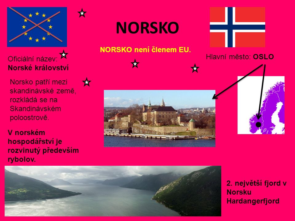 NORSKO Hlavní město: OSLO Oficiální název: Norské království NORSKO není členem EU.