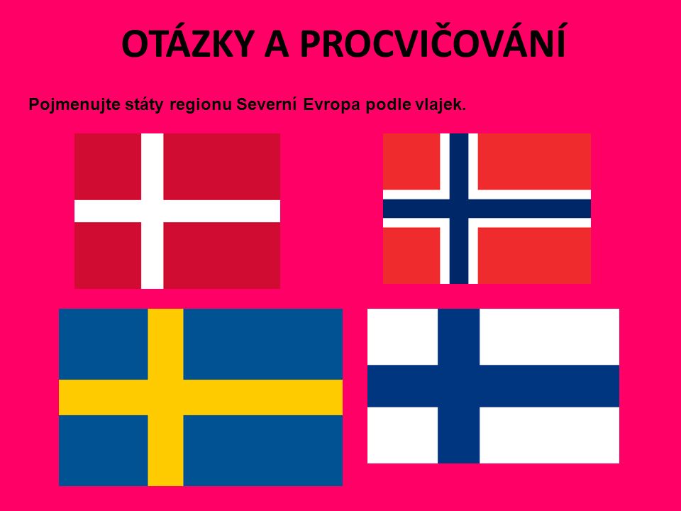 OTÁZKY A PROCVIČOVÁNÍ Pojmenujte státy regionu Severní Evropa podle vlajek.