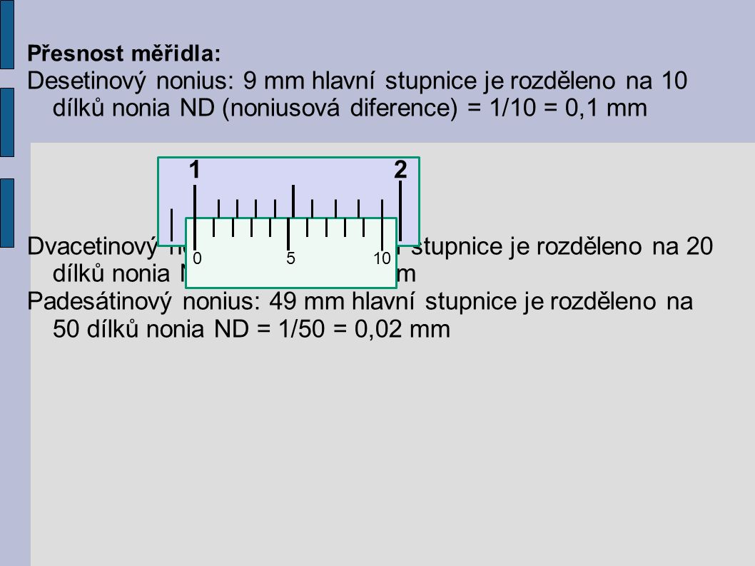 Přesnost měřidla: Desetinový nonius: 9 mm hlavní stupnice je rozděleno na 10 dílků nonia ND (noniusová diference) = 1/10 = 0,1 mm Dvacetinový nonius: 19 mm hlavní stupnice je rozděleno na 20 dílků nonia ND = 1/20 = 0,05 mm Padesátinový nonius: 49 mm hlavní stupnice je rozděleno na 50 dílků nonia ND = 1/50 = 0,02 mm